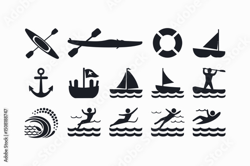 Simple Black and White Beach Icons Set