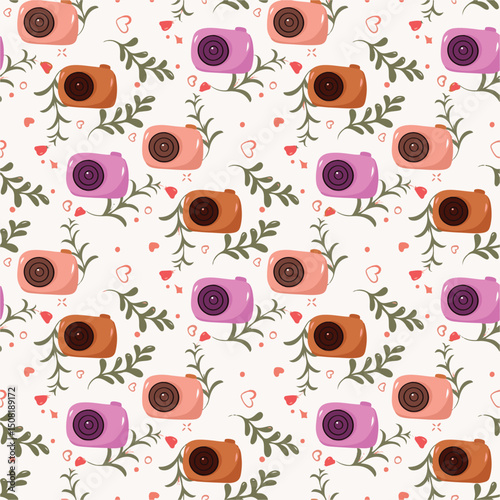 seamless pattern with flowers and camera illustration art