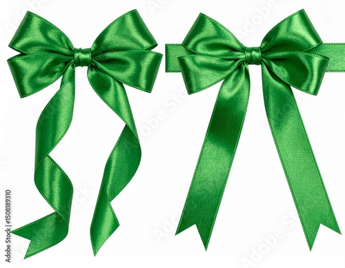 green satin ribbon bow curly scroll isolated on white background with clipping path 