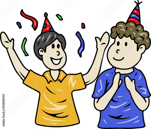Friends Celebrating with Party Hats and Confetti