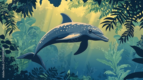 A dolphin swims through a lush underwater jungle.