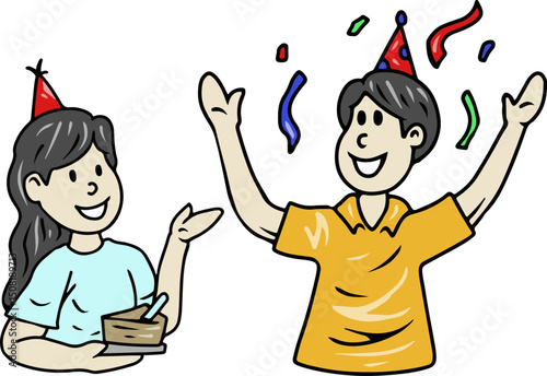 Friends Celebrating with Cake and Confetti