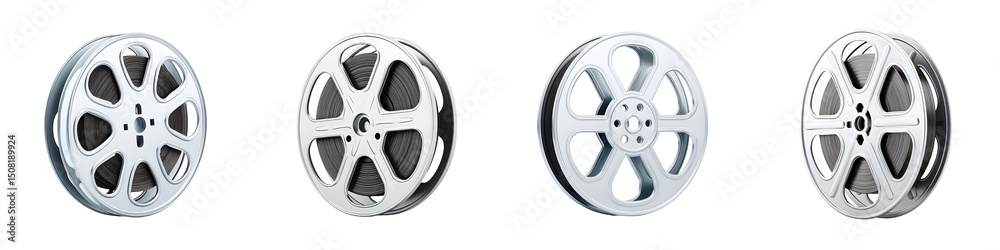 Fototapeta premium Vintage film reels showcasing classic designs, elegant silver finishes, and intricate detailing, perfect for cinematic themes or retro film projects.