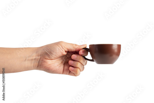 Coffee in a brown cup and hand, coffee in a glass, cup on transparent background