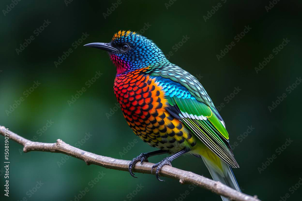 Fototapeta premium Gorgeous Spangled Cotinga Perched in Nature, Displaying Its Vibrant Blue and Green Plumage in a Serene Tropical Habitat, Vibrant Wallpaper