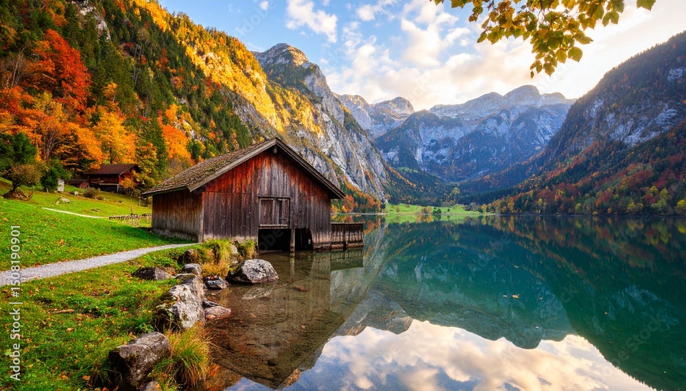 Fototapeta premium Peaceful autumn view on Obersee lake in Swiss Alps. Dramatic sunset sky and mountains