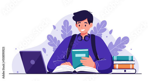 Young man reading book while studying at desk with laptop  