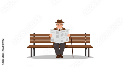 Elderly man reading newspaper while sitting on a park bench  