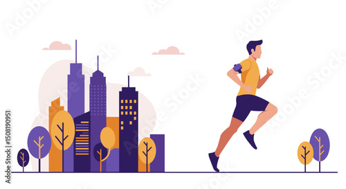 Young man running in cityscape with colorful buildings in background  