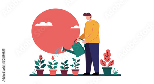 Man watering plants in garden with large sun in background  