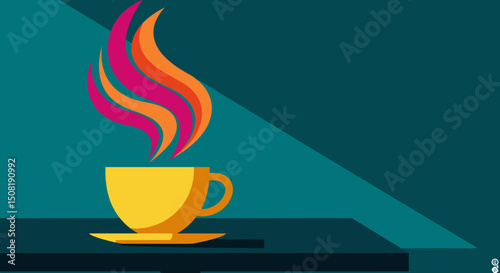 Colorful steaming cup of coffee on a table with geometric background  