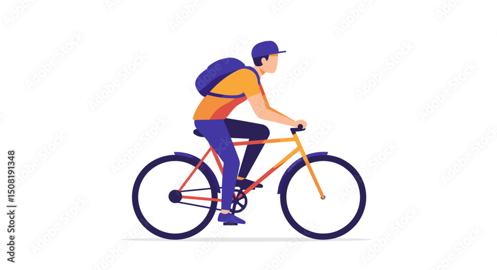 Naklejka premium Young man riding bicycle with backpack in flat design style
