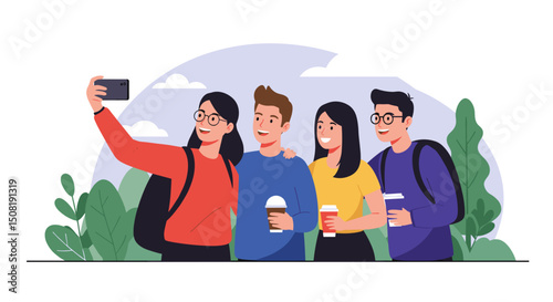Group of friends taking selfie outdoors with coffee cups in hand  