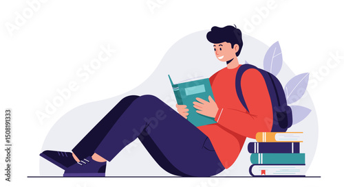 Young man reading a book while sitting on the floor with textbooks  
