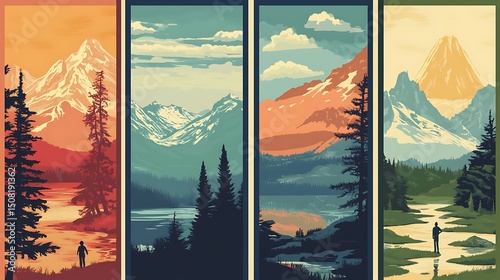 Four scenic views of mountains and forests.