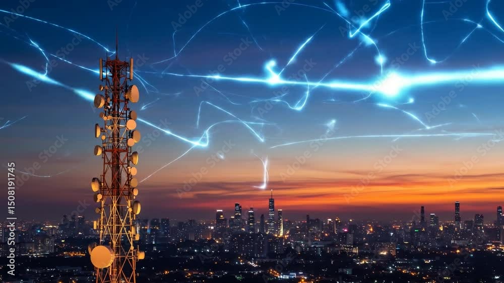 A tall 5G telecom tower with antennas and satellite dishes, standing in a city skyline at sunset, digital signals visualized in the air
