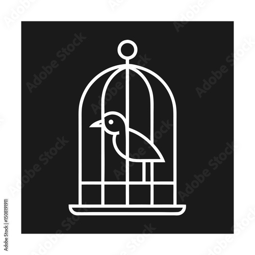 Simple monochrome illustration of a bird confined inside a cage on black background