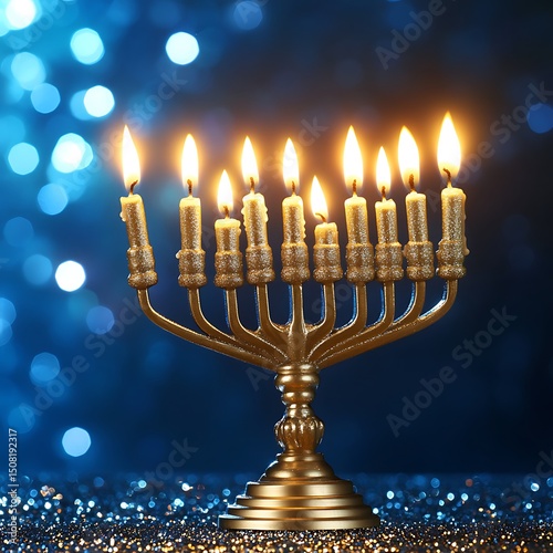 Golden menorah with lit candles on a dark blue background.