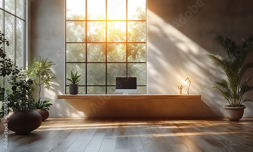 Modern workspace mockup with wooden desk and indoor plants

 photo