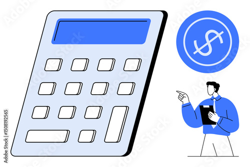 Oversized calculator with a highlighted dollar sign and a professional gesturing. Ideal for finance, calculation, budgeting, business planning, analytics, financial literacy, and data processing