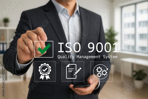 Businessman Approves ISO 9001 Quality Management System Standard Certification Process Improvement Strategy Digital Technology Modern Business Mark Risk Goal Check Growth Office Future Control Success