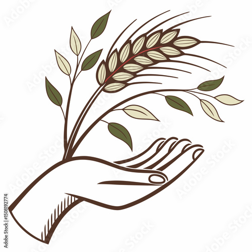 Grain seed in hand icon, symbolizing growth and nurturing with earth colors
