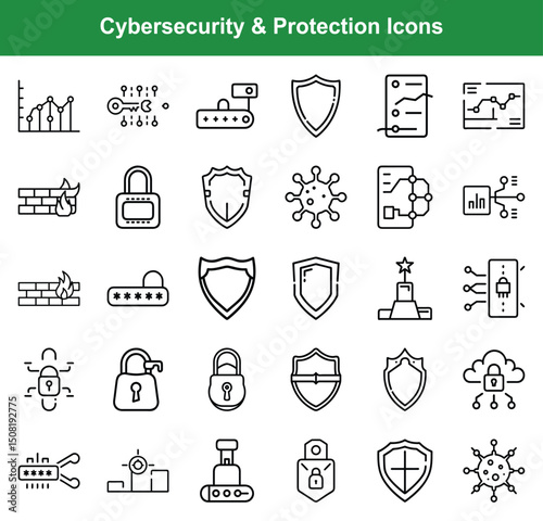 Cybersecurity & Protection Icons – Secure Data, Firewall, Shield, Lock, Virus Defense Vector Set