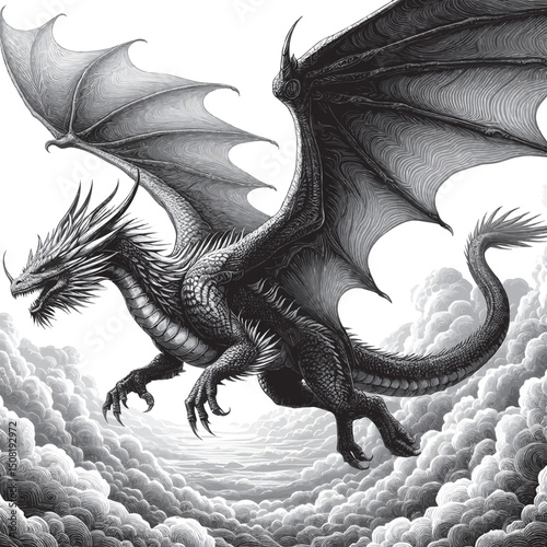 A majestic black dragon soars above the clouds, its massive wings outstretched as it dominates the sky