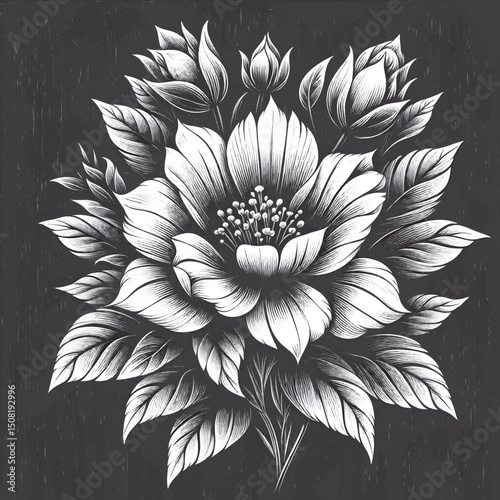 This stunning black and white floral illustration features a fully blossomed central flower surrounded by elegant buds and layered leaves.