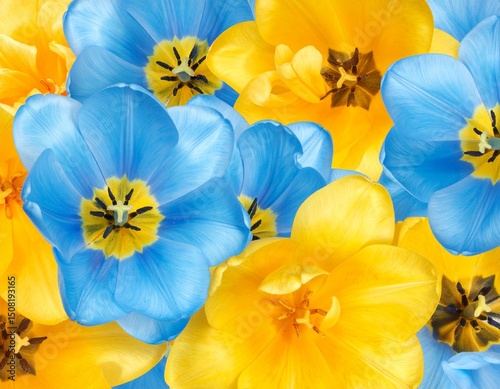 Tulips flowers yellow-blue. Floral background. Close-up. Nature. photo