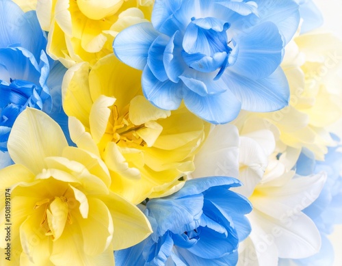 Tulips flowers yellow-blue. Floral background. Close-up. Nature. photo