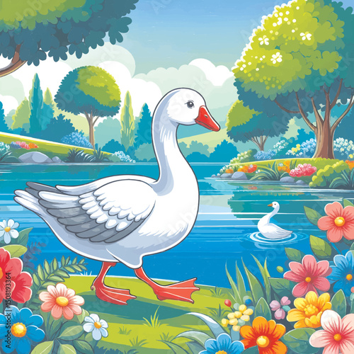 This vibrant illustration shows a charming white goose standing by a colorful lake surrounded by lush greenery and blooming flowers