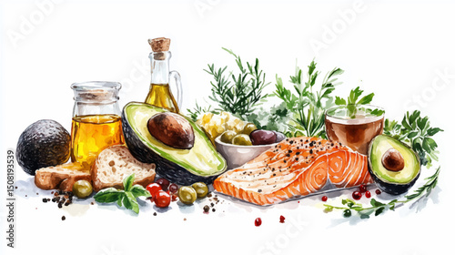 An inviting collection of ingredients including and various garnishes like fresh bread, fragrant herbs, and olives, avocado, olive oil all artfully arranged 