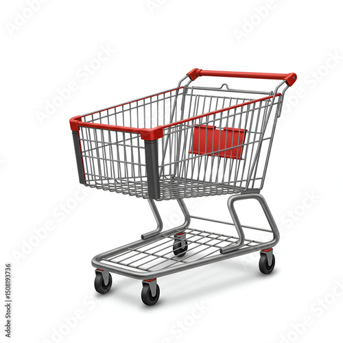 Empty shopping cart in gray metal with red handles and details, isolated on white background. Retailer's blank shopping cart with no contents displays a professional product shot.