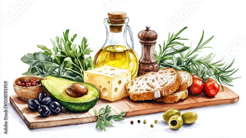 An inviting collection of ingredients including and various garnishes like fresh bread, fragrant herbs, and olives, avocado, olive oil all artfully arranged 