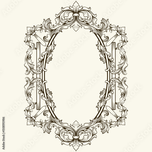 black and white vintage baroque frame with ornament engraving illustration