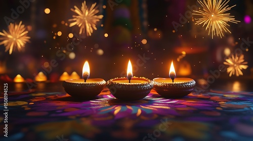 Festive diyas with fireworks in the background.