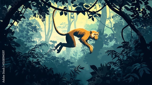 A monkey leaps through a lush jungle.