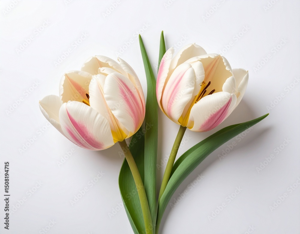 Naklejka premium Three beautiful white narcissus flowers and bright green leaves close-up on a white i