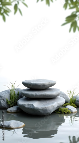 tranquil zen garden stacked stones reflecting in calm water