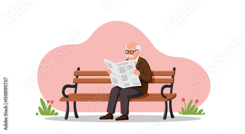 Elderly man reading newspaper on park bench