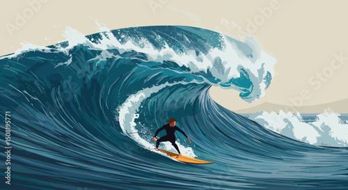 Surfer riding a wave on a sunny beach