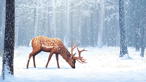 A spotted deer grazes peacefully in a snowy forest.