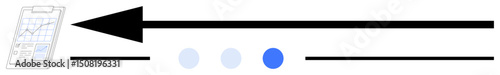 Clipboard with charts, bold arrow pointing left, and three circular indicators representing progress or steps. Ideal for workflow, planning, strategy, decision, project, metrics simple landing page