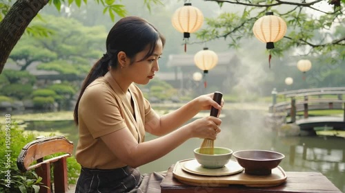 A woman skillfully prepares matcha tea in a serene garden setting with lanterns and a pond