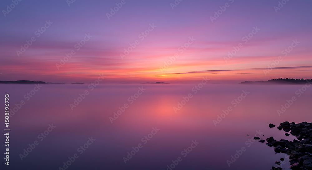 Fototapeta premium Serene Pink and Purple Sunrise over Misty Lake with Rocks