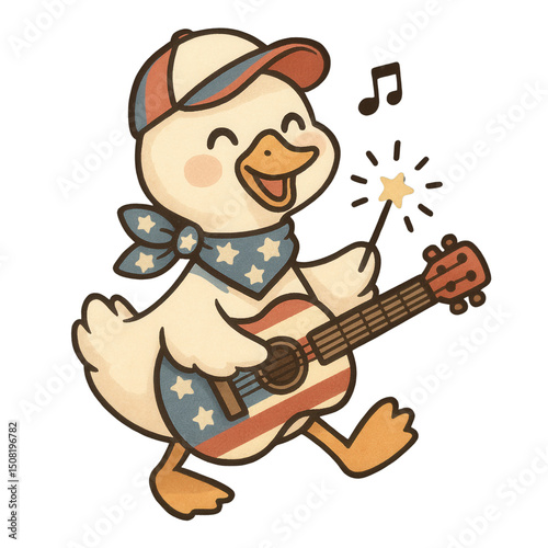 Cute silly goose playing patriotic guitar with sparkler – 4th of July cartoon clipart for summer designs