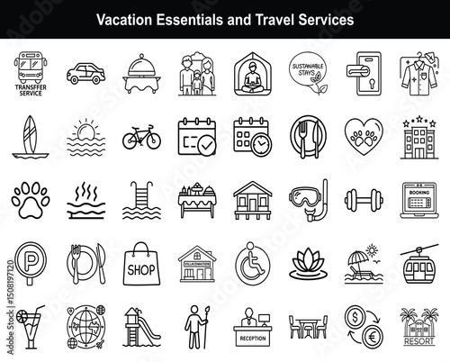 Vacation & Travel Services Icon Set – Hotel, Resort, Activities, Booking, Spa, Transport, Wellness, Pet Friendly