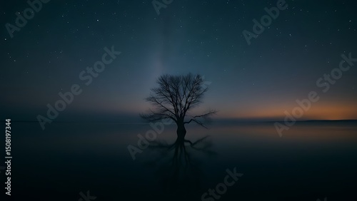 Serene Night Scene Featuring a Lone Silhouetted Tree Reflecting on Calm Water Under a Starry Sky Peaceful Nature Photography photo