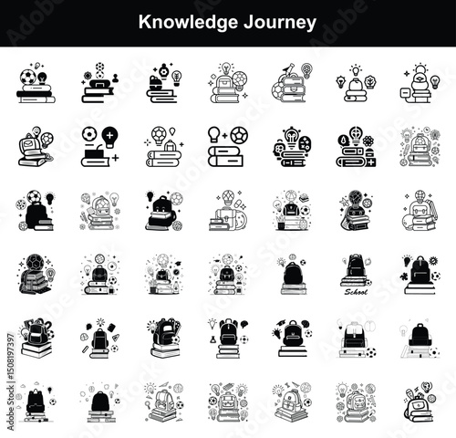 Knowledge Journey Education Icons – Books, Backpack, Lightbulb, School Tools, Idea, Science, Sports Vector Set